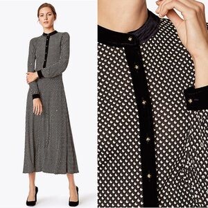 Tory Burch Anja Midi Dress A Line Velvet Silk Black Jazz Dot Classic Dressy XL